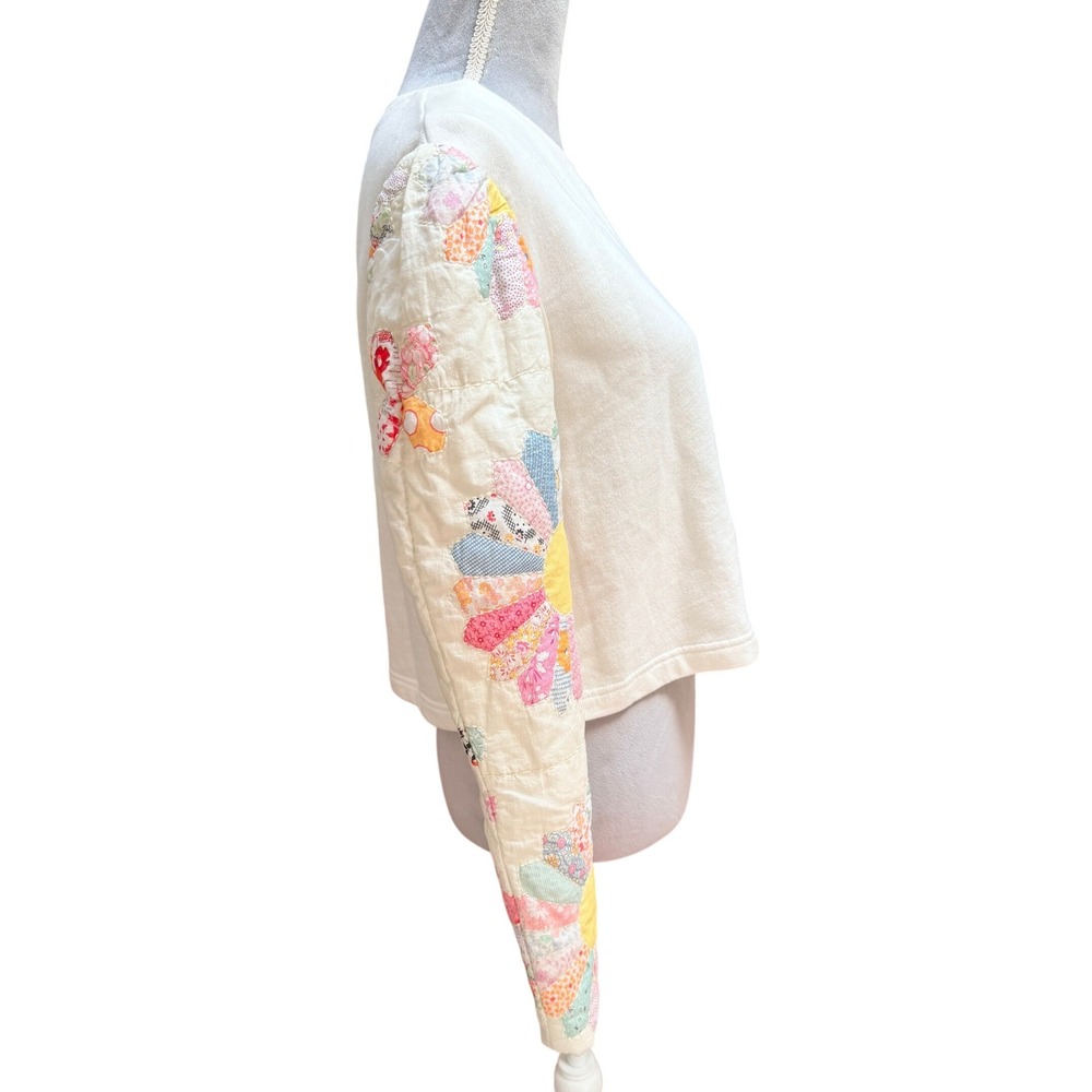 SEA New York Sweatshirt S White Quilted Patchwork Floral Puff Sleeve Boho - Picture 2 of 6